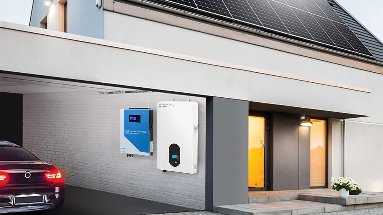 revolt solar battery module and hybrid inverter installed on a wall next to a house with solar panels