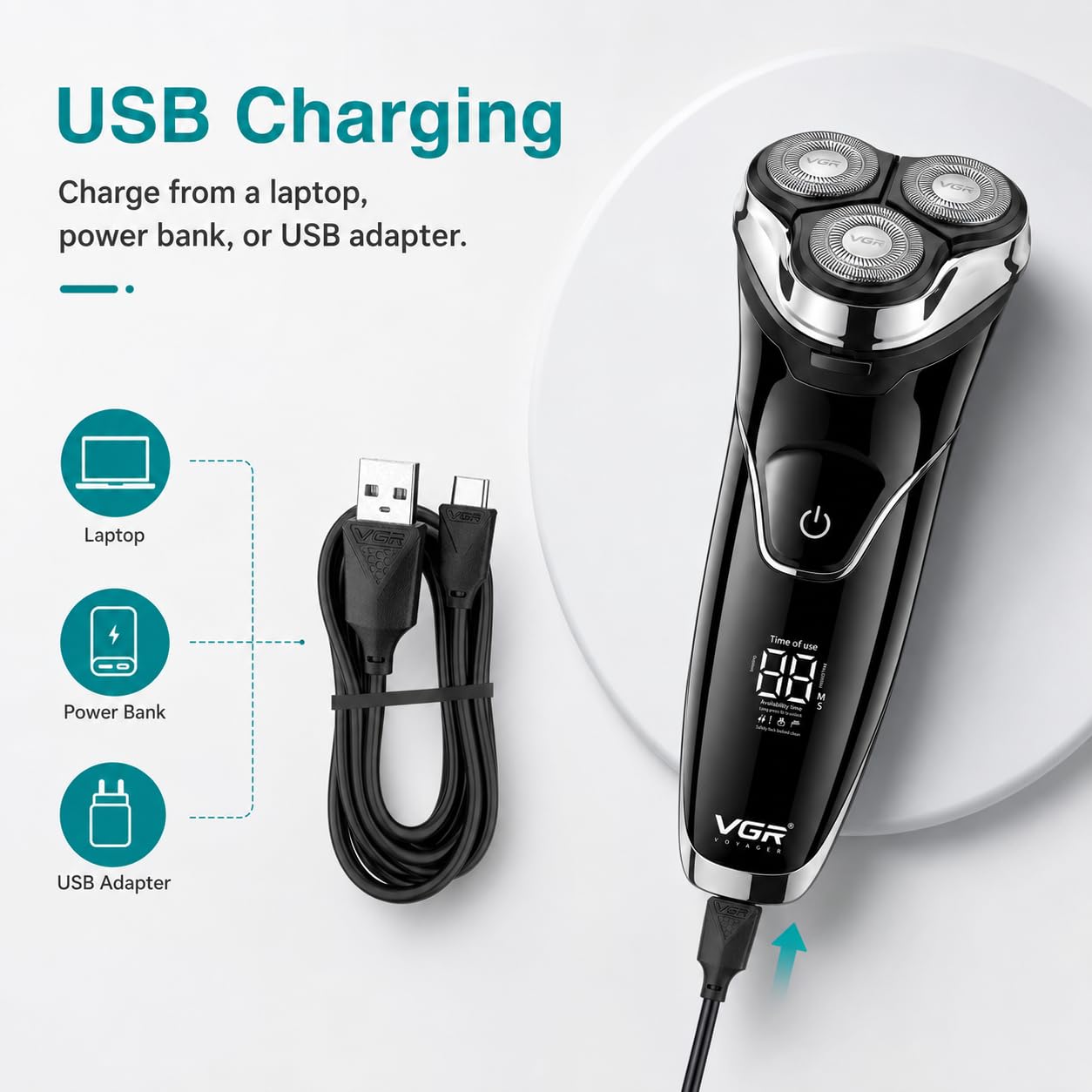 VGR 318 Rasoio Elettrico Senza Fili per Uomo, Testina 3D Girevole, Rifinitore Integrato Estraibile, Impermeabile IPX6, Blocco Anti-Viaggio, Display Digitale LED