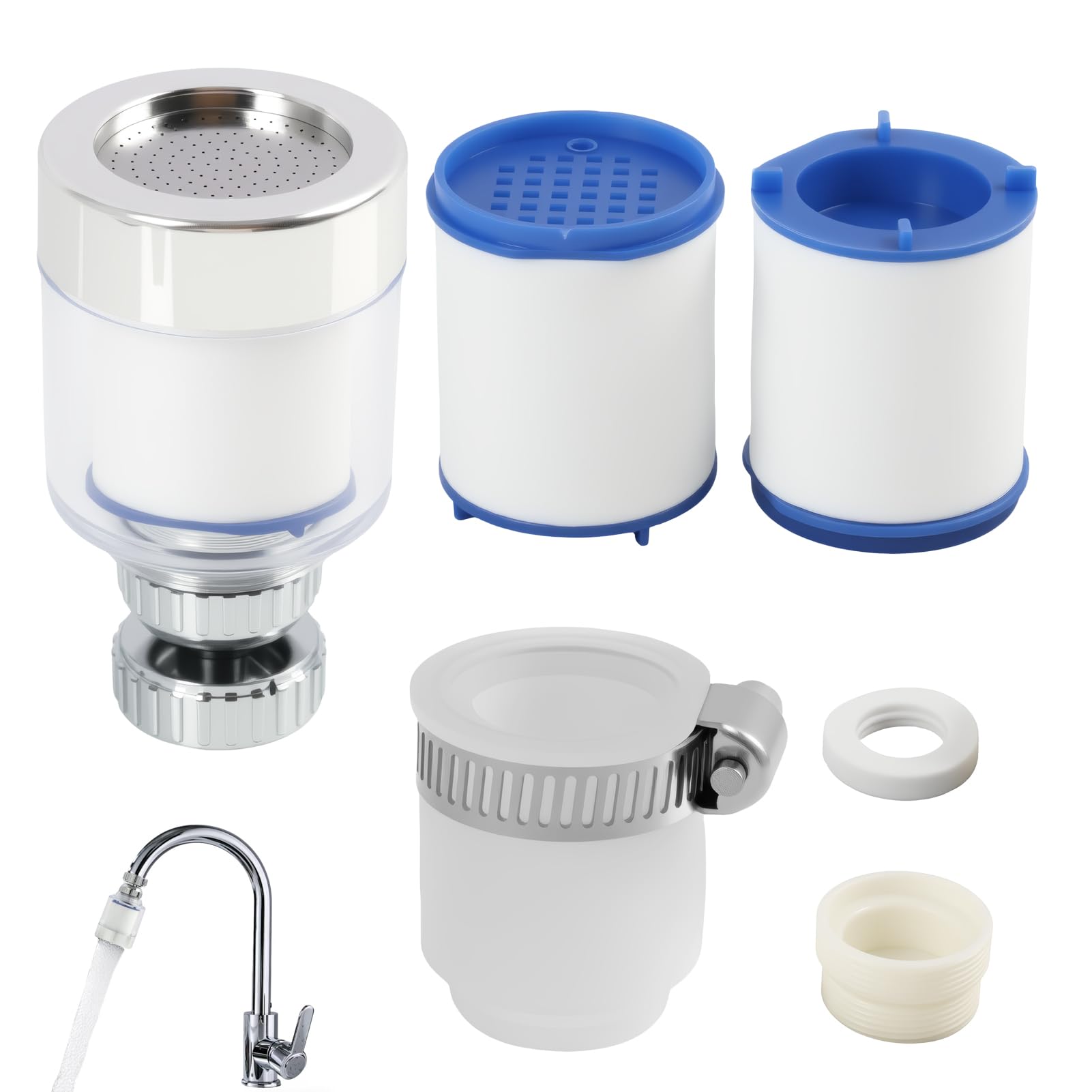 Filtro de Agua para Grifo con Adaptador Universal, Incluye 2 Cartuchos Reemplazables, Filtración de Agua de Carbono Rotatoria 360° para Eliminar Metales Pesados, Cloro, Protege la Salud Familiar