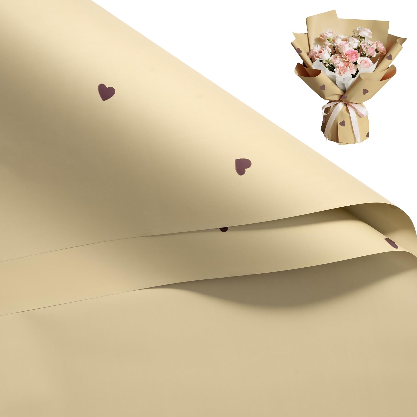 RUSPEPA 20 Sheets Flower Wrapping Paper - 57x57 cm Milk Tea and Heart Pattern Water-Resistant Floral Bouquet Wrapping Paper, Florist Supplies Packaging for Valentine's Day Wedding