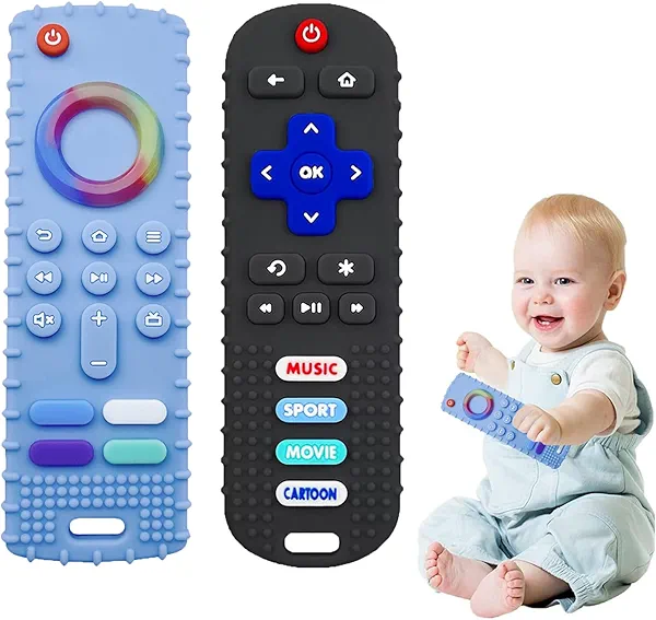ERSIHUA 2-Pack Baby Teething Toys-TV Remote Control Shape Silicone Infants Teething Toys for Babies 0-18 Months,BPA-Free (Black+Blue)