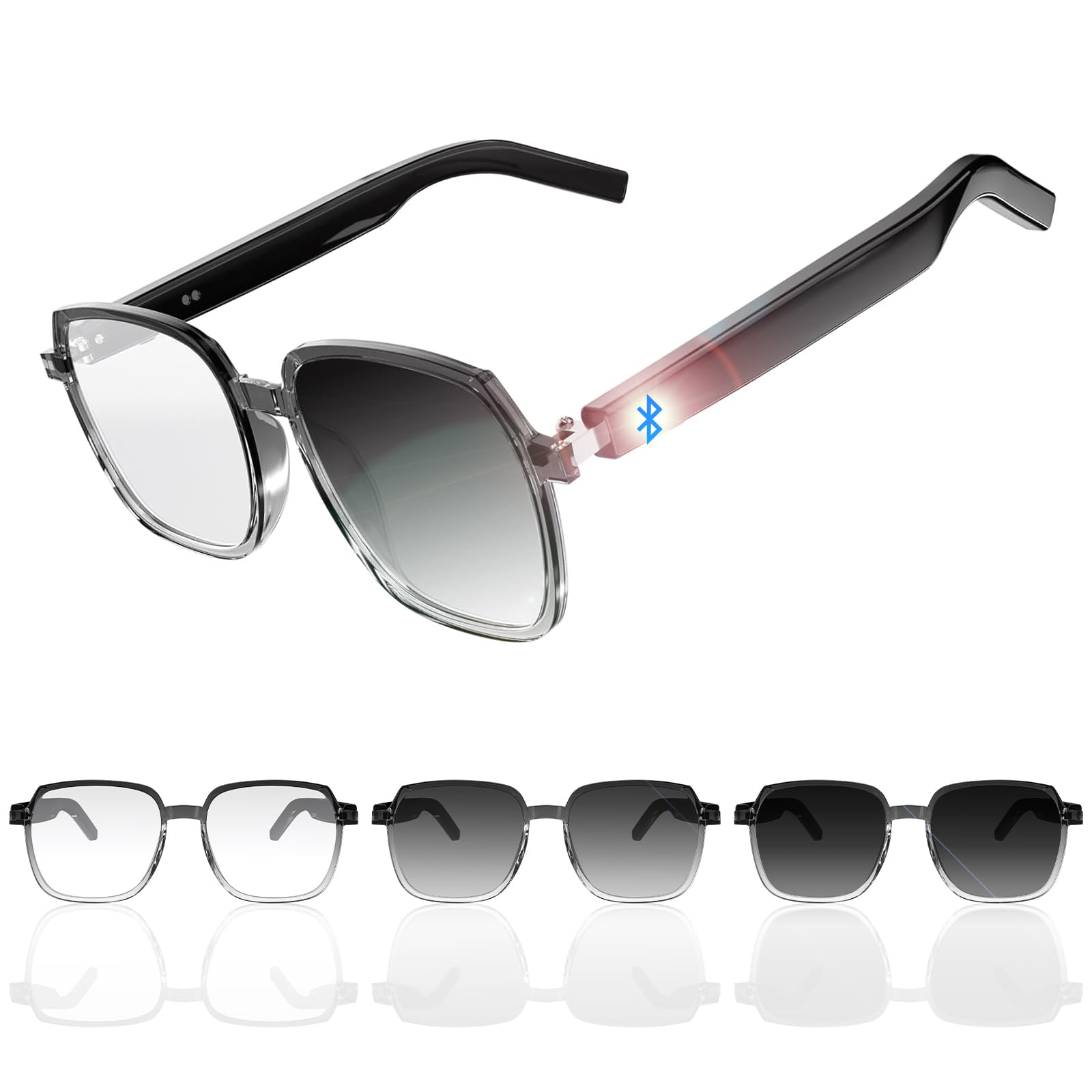 DIGI4U Lunettes Bluetooth - Audio à oreilles ouvertes, verres photochromiques UV400 et protection contre la lumière bleue, micro pour appels, lunettes intelligentes mains libres pour homme et femme