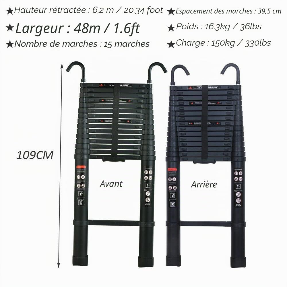 Échelle télescopique de 6,2 m/20,34 ft avec Crochet de Toit Amovible Multi-Usage échelle Noire Pliable en Aluminium Haute échelle télescopique Extension échelle Pliable