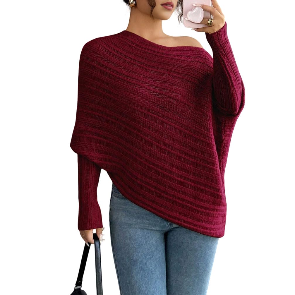 Women Elegant Off Shoulder Loose Long Batwing Sleeve Knit Sweater Slouchy Asymmetrical Hem Pullover Jumper Tops