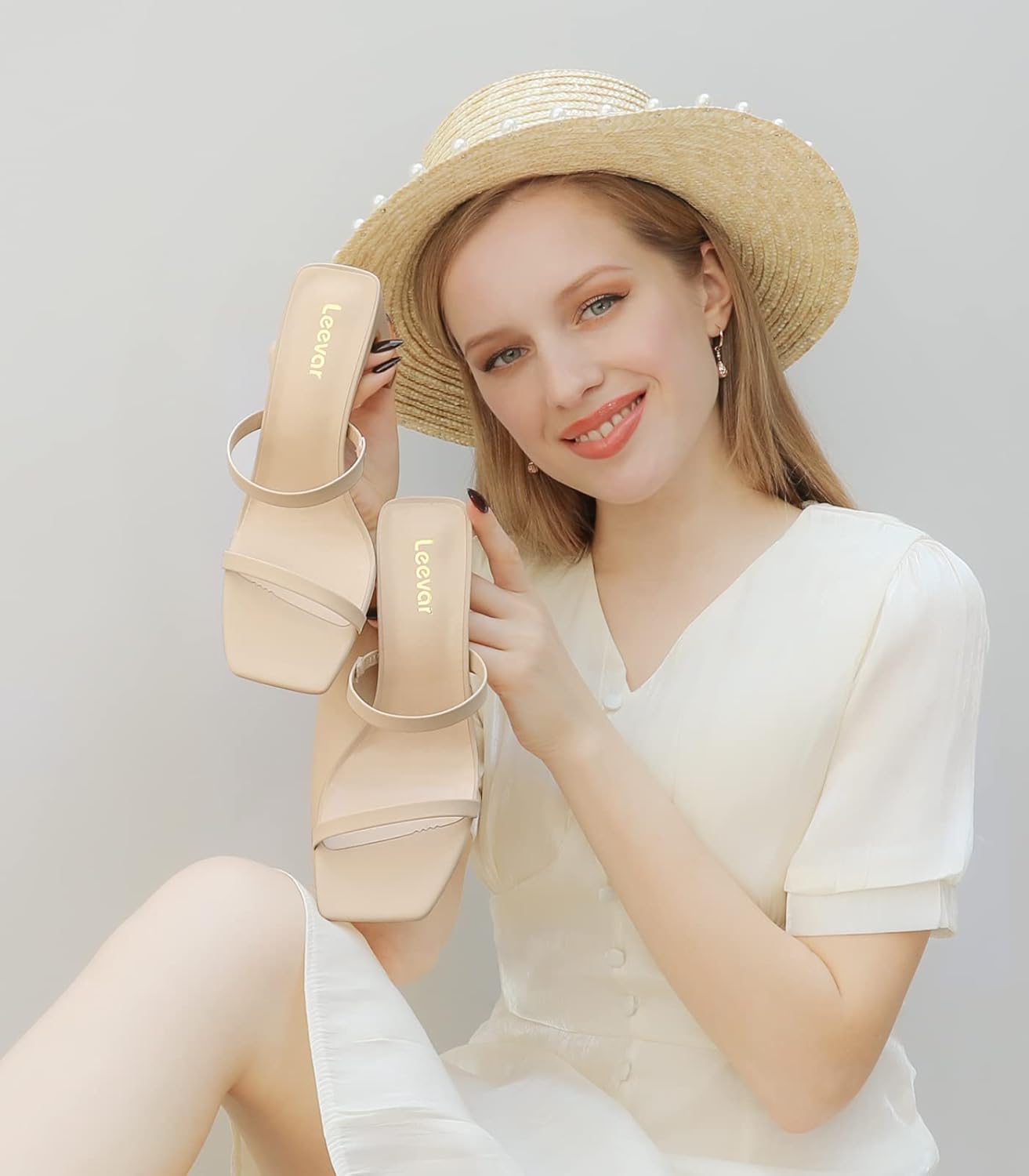 Leevar Square Toe Heels Sandals - White Black Nude Heels Chunky Two Strap Low Heels for Women Leather Mule Sandals Slip On Block Heels for Party Dating Daily Standard Size 2.75 Inch - Image 2