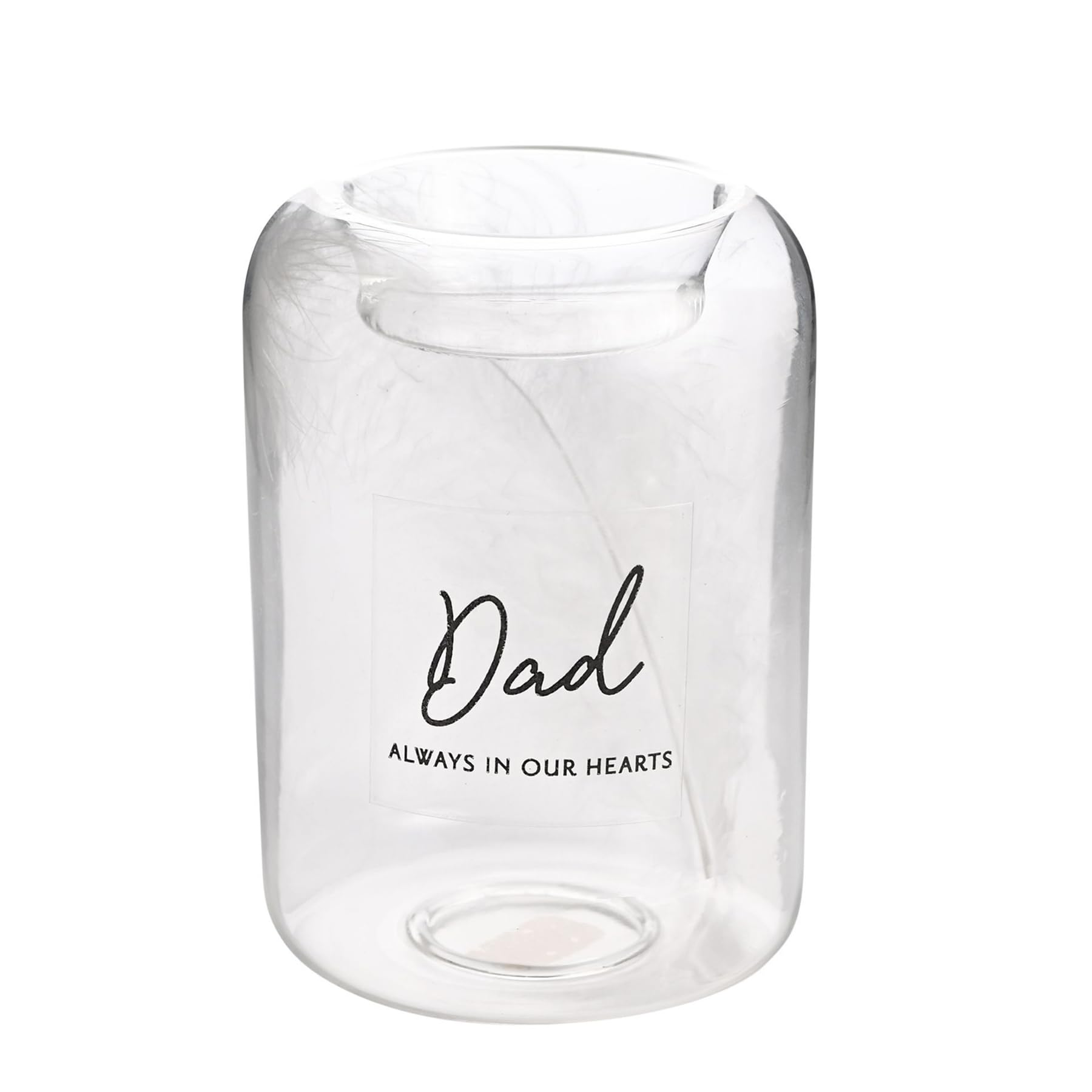 Glass Memorial Tea Light Candle Holder with Feather inside - Memorial Sentimental Tealight Holder - Comes Boxed for Protection (Dad Always In Our Hearts 4365)