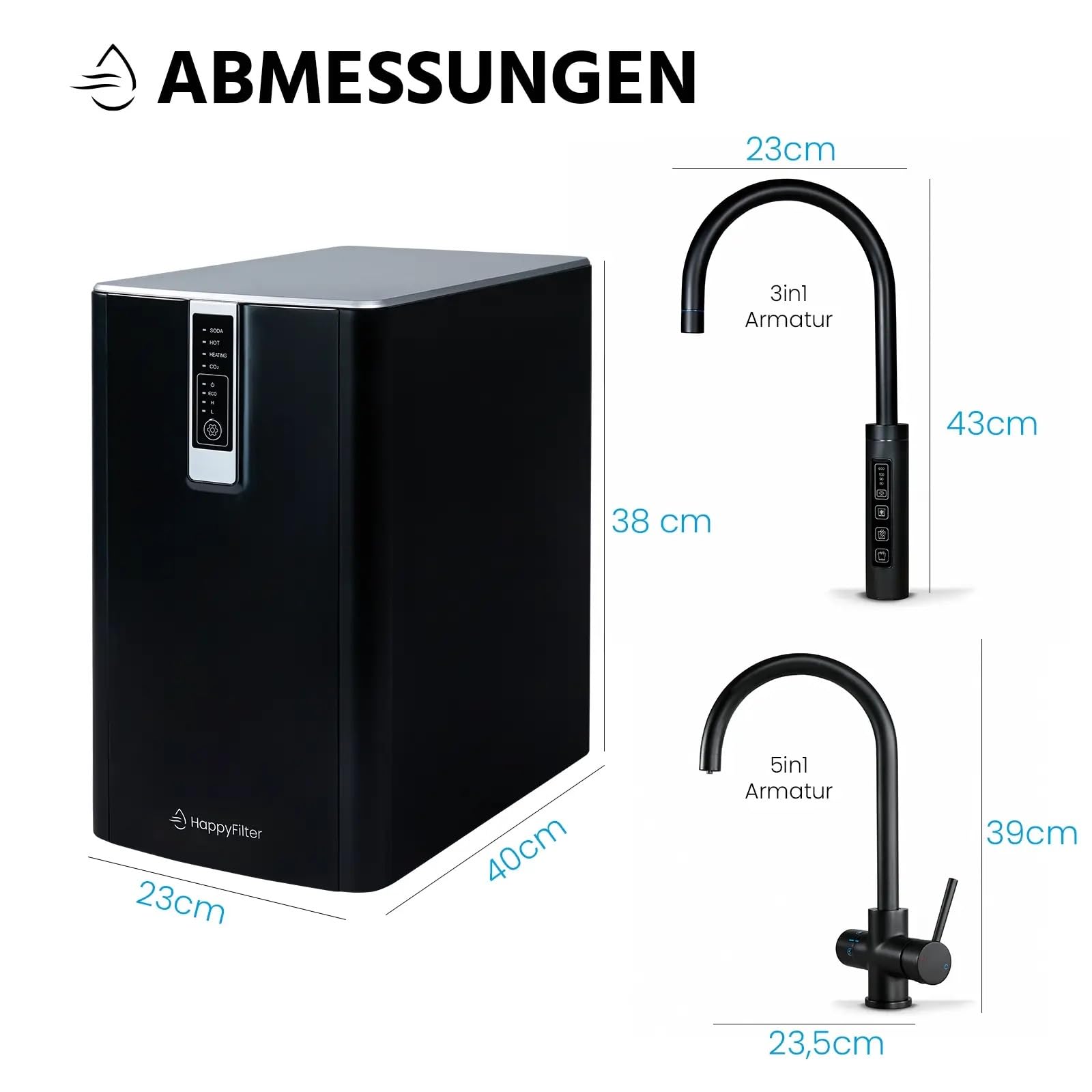 HappyFilter FizzRed Wassersprudler Wasserkocher | gekühlt | gesprudelt | kochend| 5in1 Black Wasserhahn | Kalkfilter | Wasserspender | Büro | Küche | Festwasseranschluss | 2kg CO2 Adapter