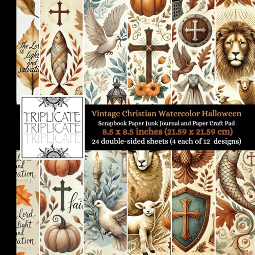 Vintage Christian Watercolor Halloween Scrapbook Paper Pad: 12 Unique Faith-Inspired Designs, 24 Double-Sided 8.5 x 8.5 Inch Sheets, Perfect for Card Making, Journaling & Crafting (60 lb Matte Paper)