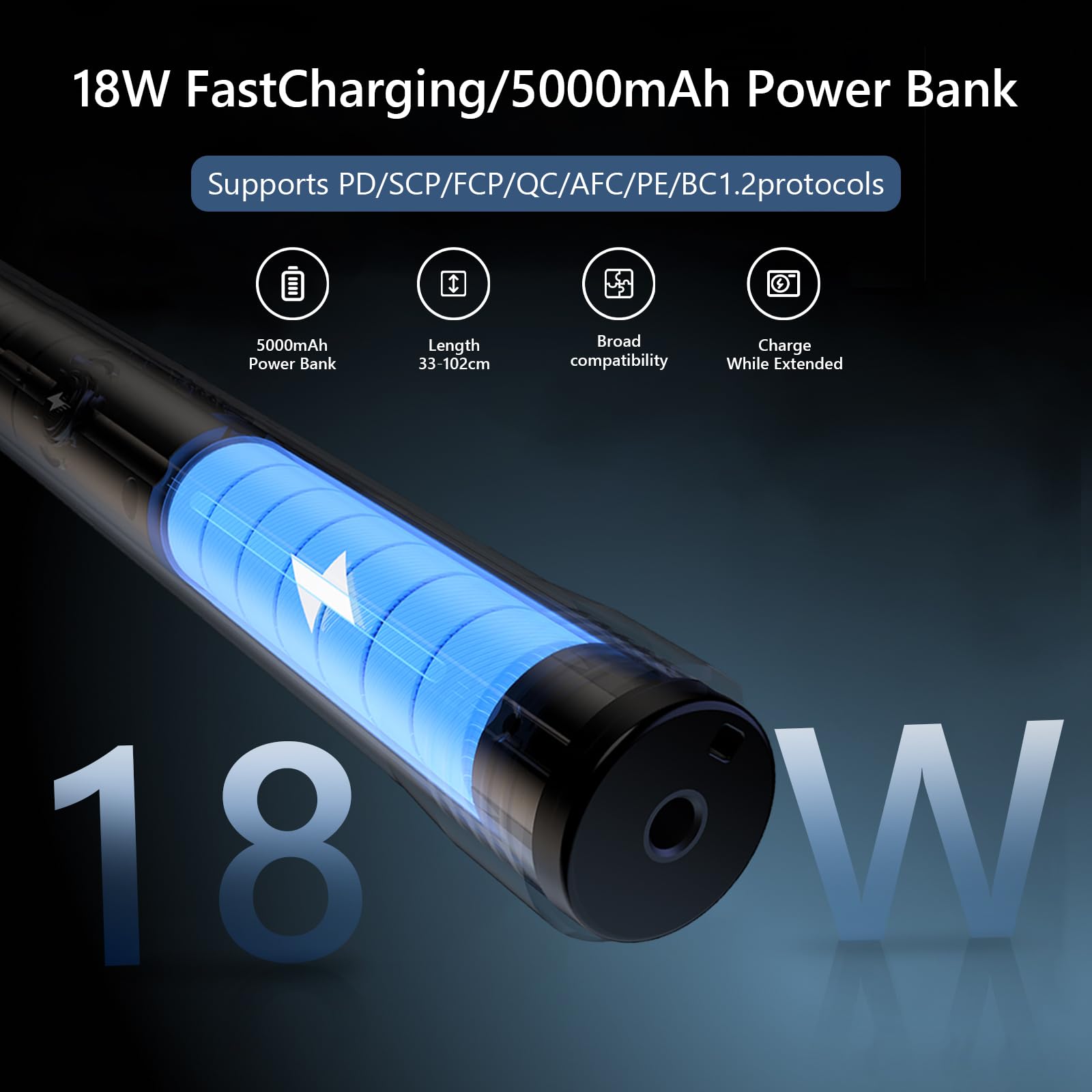 Rallonge de Perche à Selfie, Rechargeable, Monopode, avec poignée de Charge, 5000 mAh, pour Go Pro, Insta360, appareils Photo DJI, iPhone et Smartphones Android (sans Support de téléphone Portable)