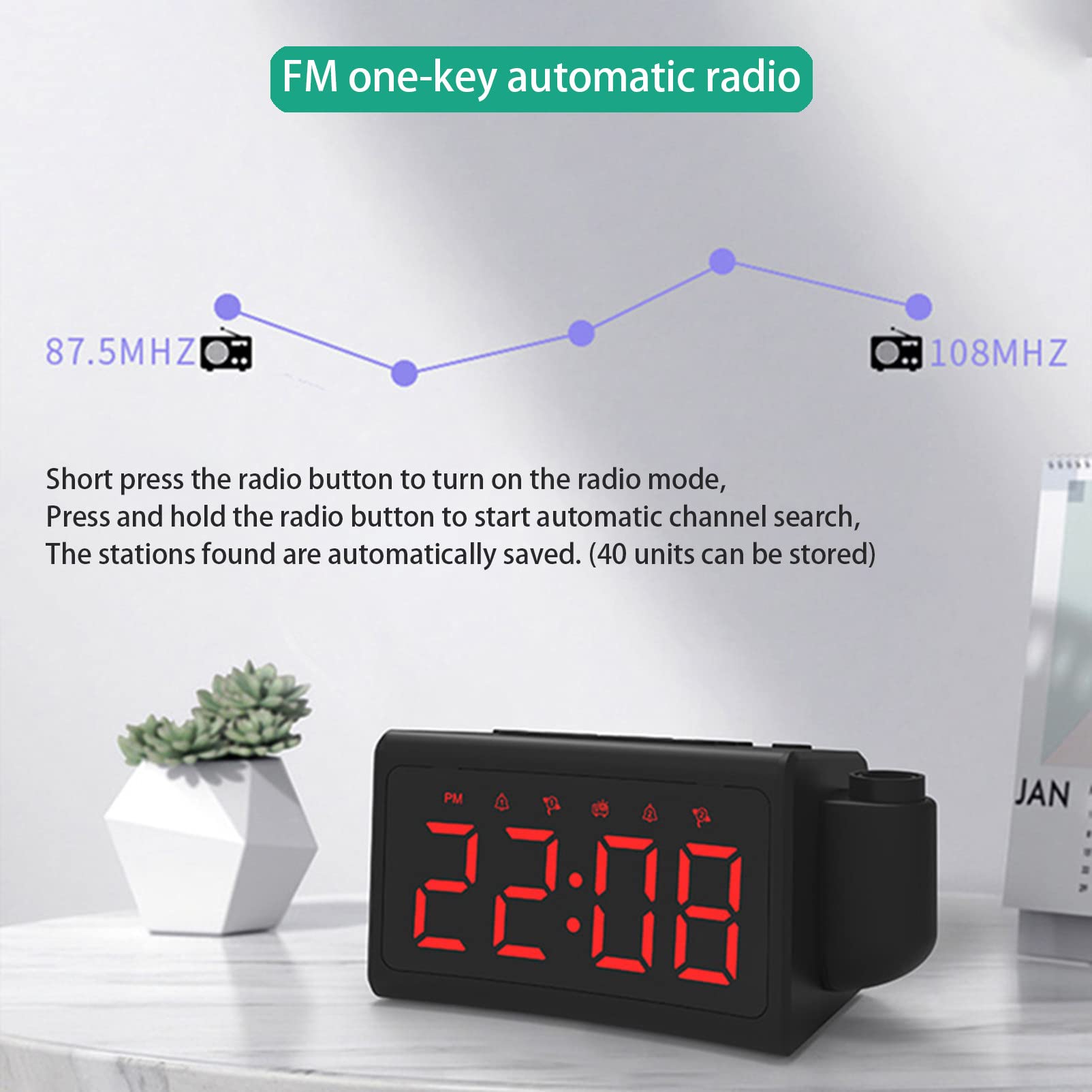 Radio-réveil à Projection FM, avec Port USB avec Double Alarmes, Interrupteur 12/24 Heures - pour Chambre à Coucher, Bureau