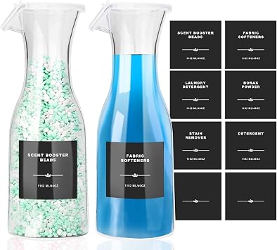 Sunal Liquid Laundry Detergent Dispenser, 1182ml Fabric Softener Storage Bottle,Scent Booster Beads Container with 8 Waterproof Label for Laundry Room Organization/Decor 2 Pack