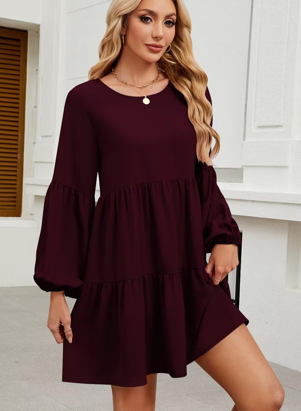 QACOHU Falll Dresses for Women 2026 Crew Neck Long Lantern Sleeve Casual Loose Flowy Swing Shift Dress - Image 2