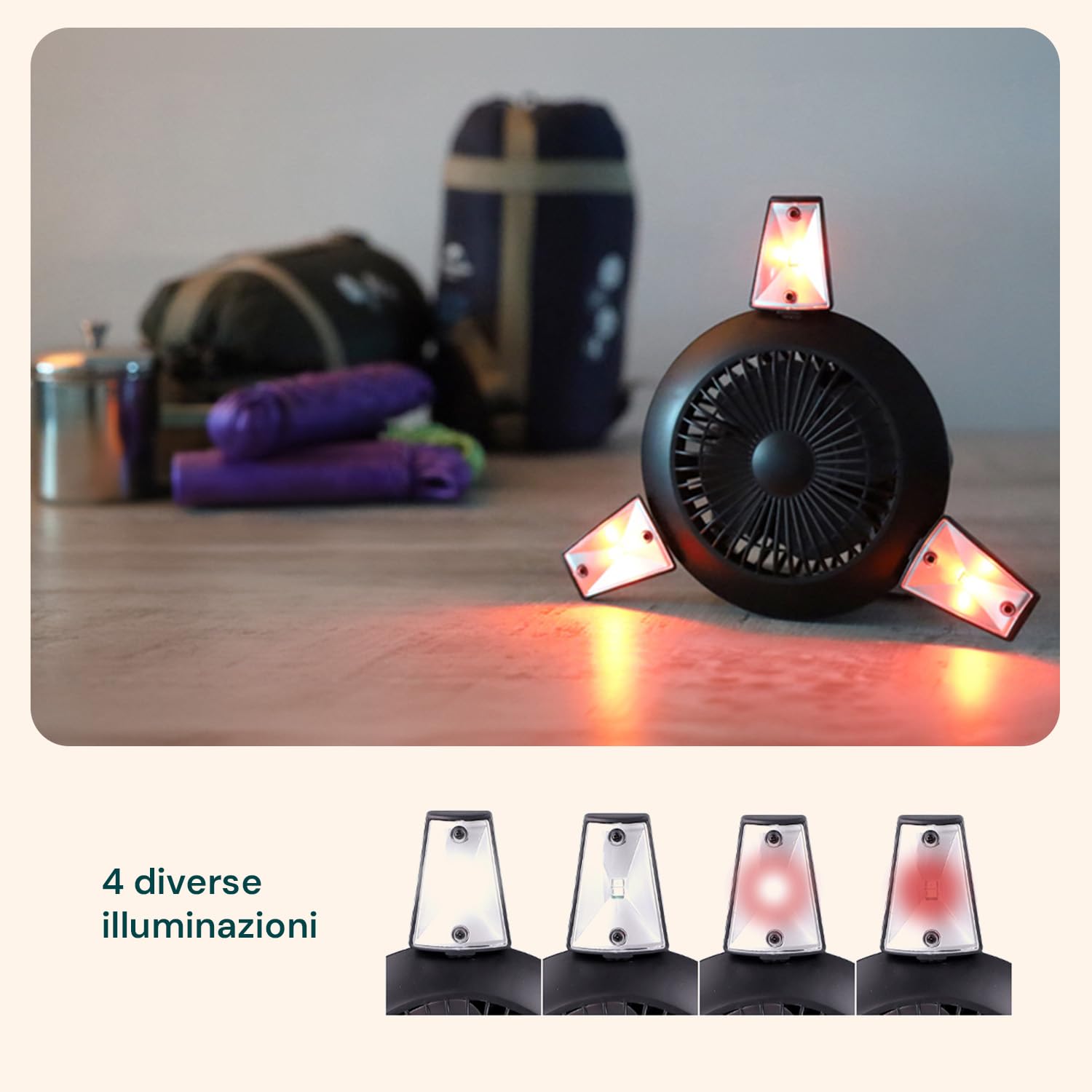Wintem Ventilatore da Esterno con Comode Luci LED Integrate e Ricarica Solare o USB 4W - 5V con 4 Velocità per Adattarsi ad Ogni Esigenza - Lunga Durata Fino a 25 Ore di Autonomia - 23cm