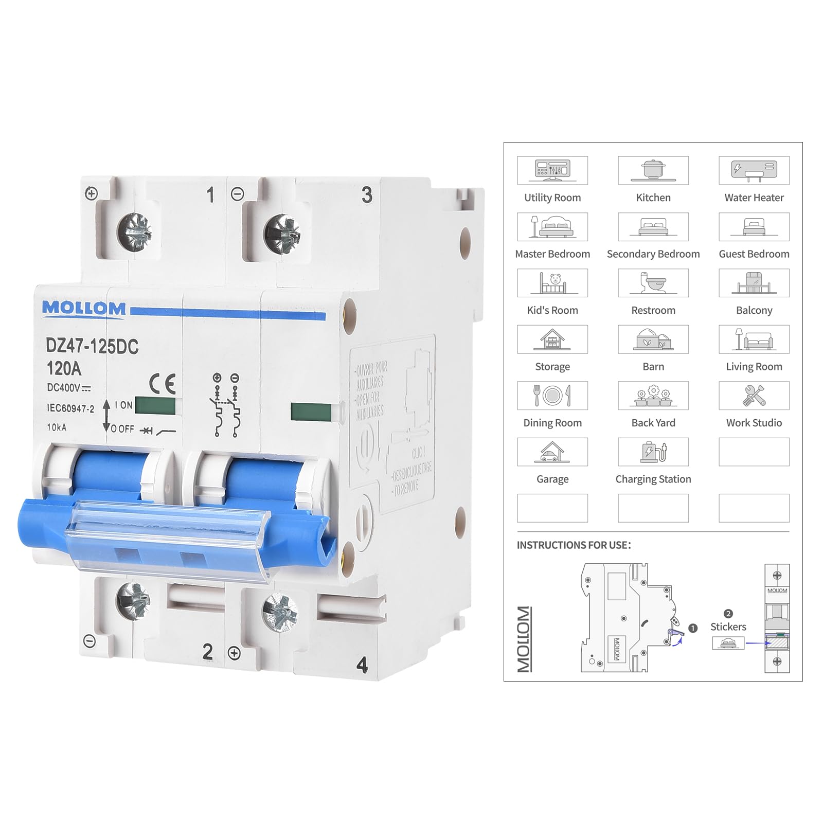 MOLLOM Wyłącznik nadprądowy miniaturowy DC 2 biegunowy,400V 120A,C120 z wizualizacją stanu,MCB z wyzwalaniem termiczno-magnetycznym,zdolnością przerwaną 6kA – dla systemów fotowoltaicznych PV