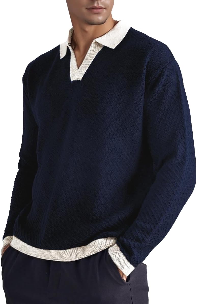 BAYAMO Mens Polo Sweater V Neck Long Sleeve Pullover Sweater Casual Knit Textured Sweater Navy M