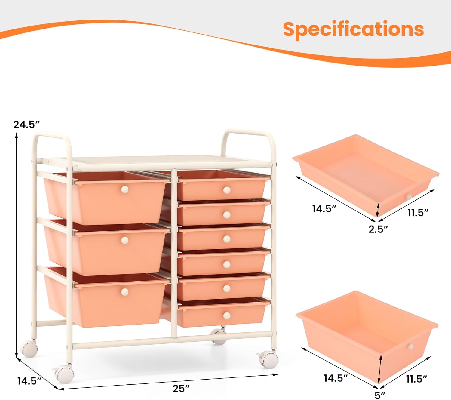 Diagram showing the dimensions of the Giantex 9-Drawer Rolling Storage Cart and its individual large and small drawers.