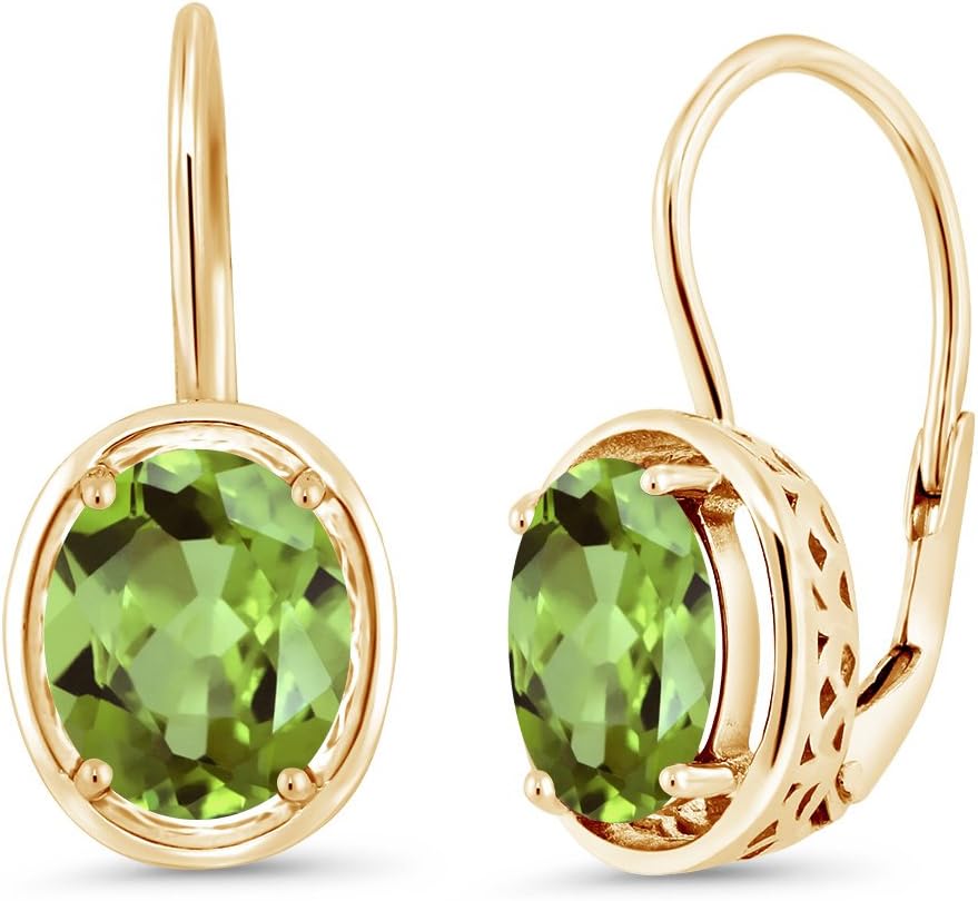 Gem Stone King 18K Yellow Gold Plated Silver Green Peridot Dangle Earrings For Women | 3.60 Cttw | Gemstone Birthstone | Oval 9X7MM | Fine Jewelry Gifts for Her Mom Women Wife