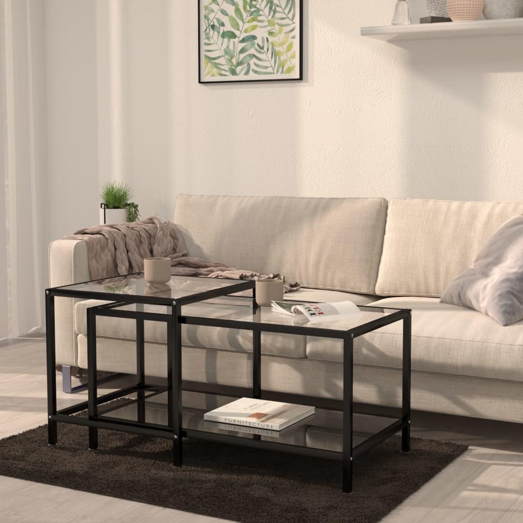 Zestaw 2 stolików pomocniczych, ze szkła hartowanego, czarny, jako ozdobny stół, stolik kawowy, stolik nocny, stolik do odkładania i stolik pod telefon, 90 x 45 x 45 cm, do salonu i korytarza