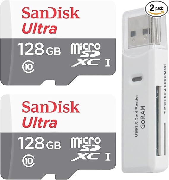 SanDisk 128GB Ultra (2 Pack) MicroSD Class 10 100MB/s Micro SDXC Memory Card SDSQUNR-128G Bundle with (1) GoRAM Reader (128GB, 2 Pack)