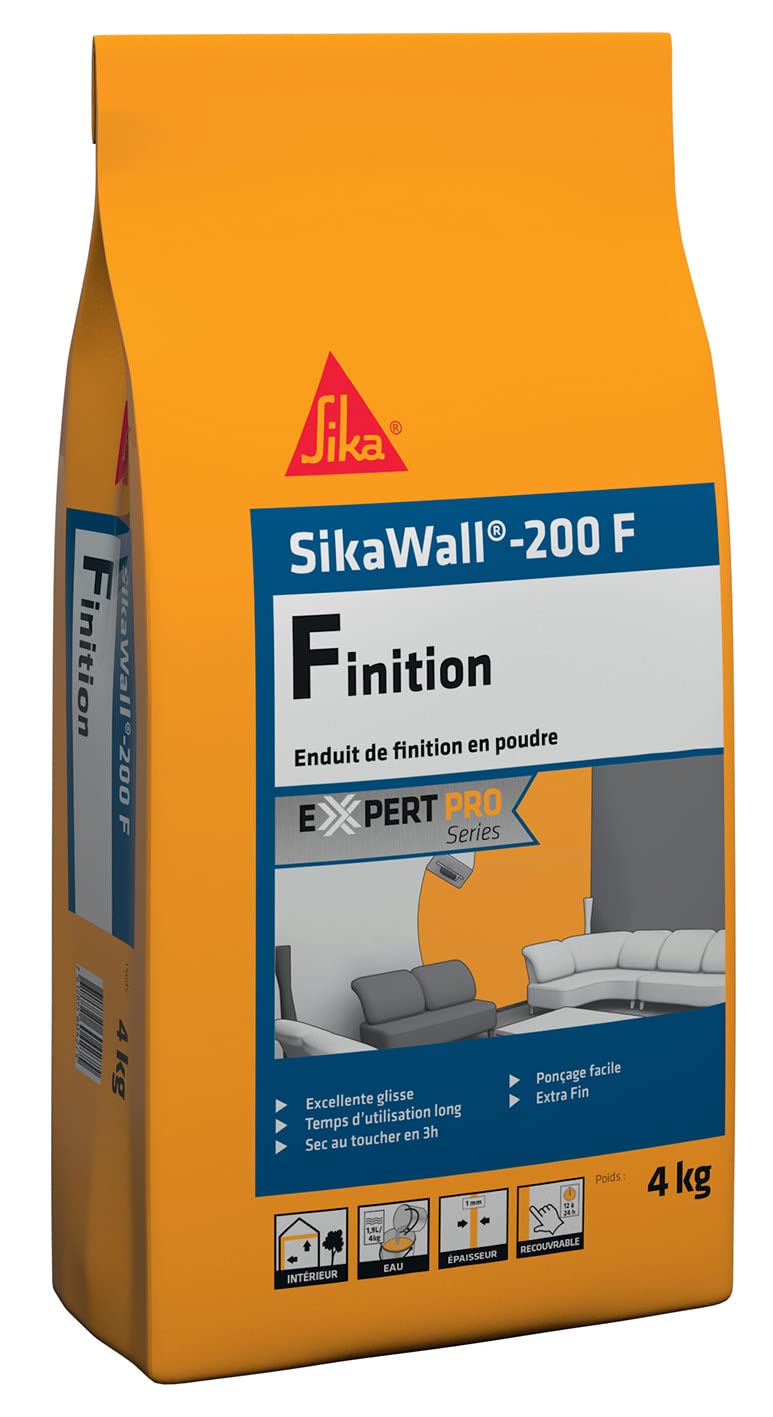 SIKA – SikaWall-200 F – Revestimiento de alisado y acabado en polvo a base de yeso, ideal para paredes y techos interiores, grosor fino 0,6-1 mm, bolsa de aluminio de 4 kg, color blanco