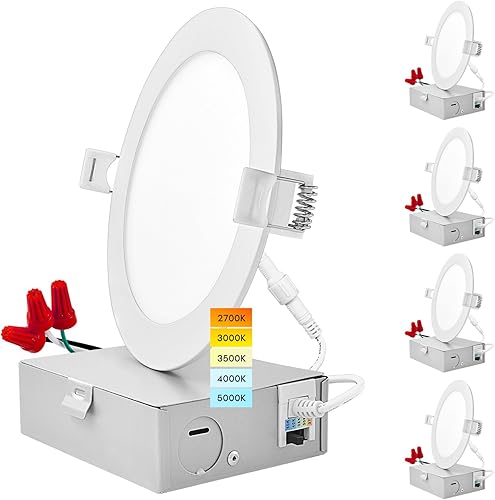 Luxrite Luz empotrable LED ultrafina de 5 pulgadas con caja de conexiones, 12 W, 5CCT seleccionable por color, 2700 K, 3000 K, 3500 K, 4000 K, 5000
