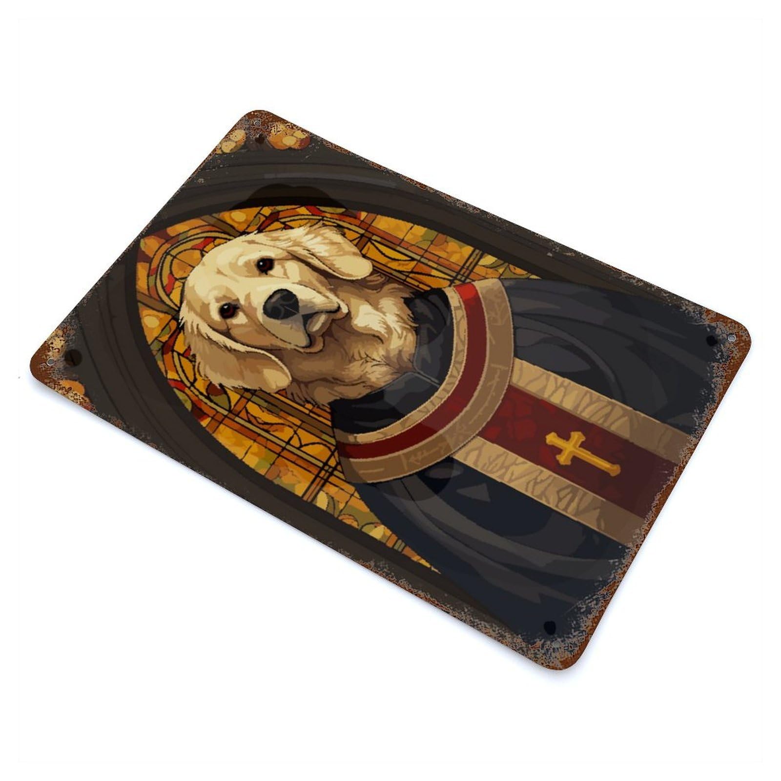 Holy Golden Retriever Art Vintage Wall Sign 11.8"x7.9", Rust Effect Metal Decor for Farmhouse, Kitchen And Entryway Decor