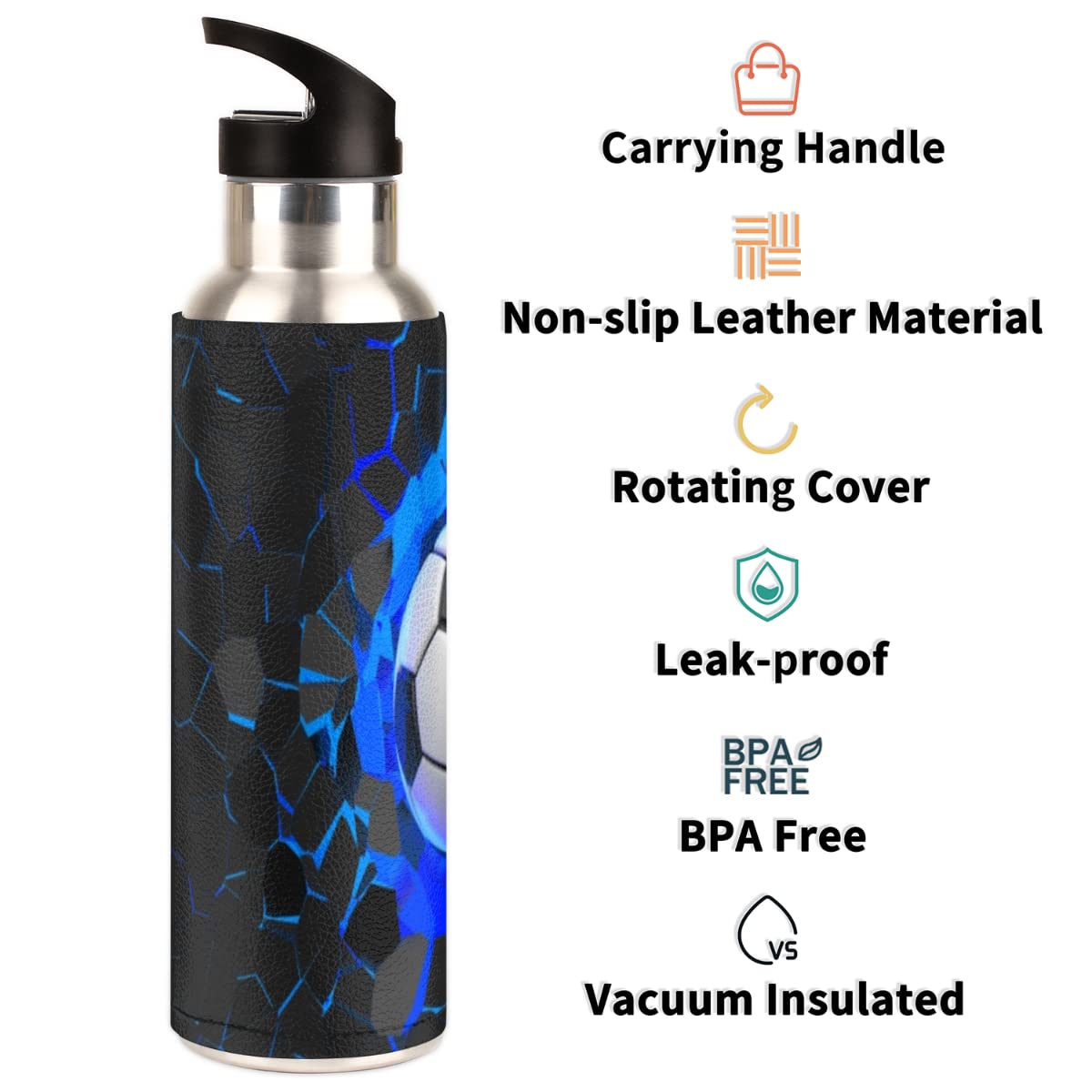 Isolierte Edelstahl-Wasserflasche mit Strohhalm, 590 ml, Blau / Schwarz, 3D-Sport-Trinkflaschen, BPA-frei, auslaufsicher, Metall-Vakuumflasche für Kinder, Fitnessstudio, Fitness