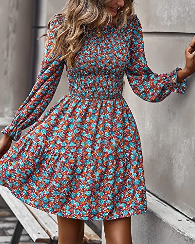 Image of KIRUNDO Long Sleeve Dress for Women 2025 Summer Fall Wedding Guest Smocked Floral Crewneck Ruffle A Line Flowy Mini Dress
