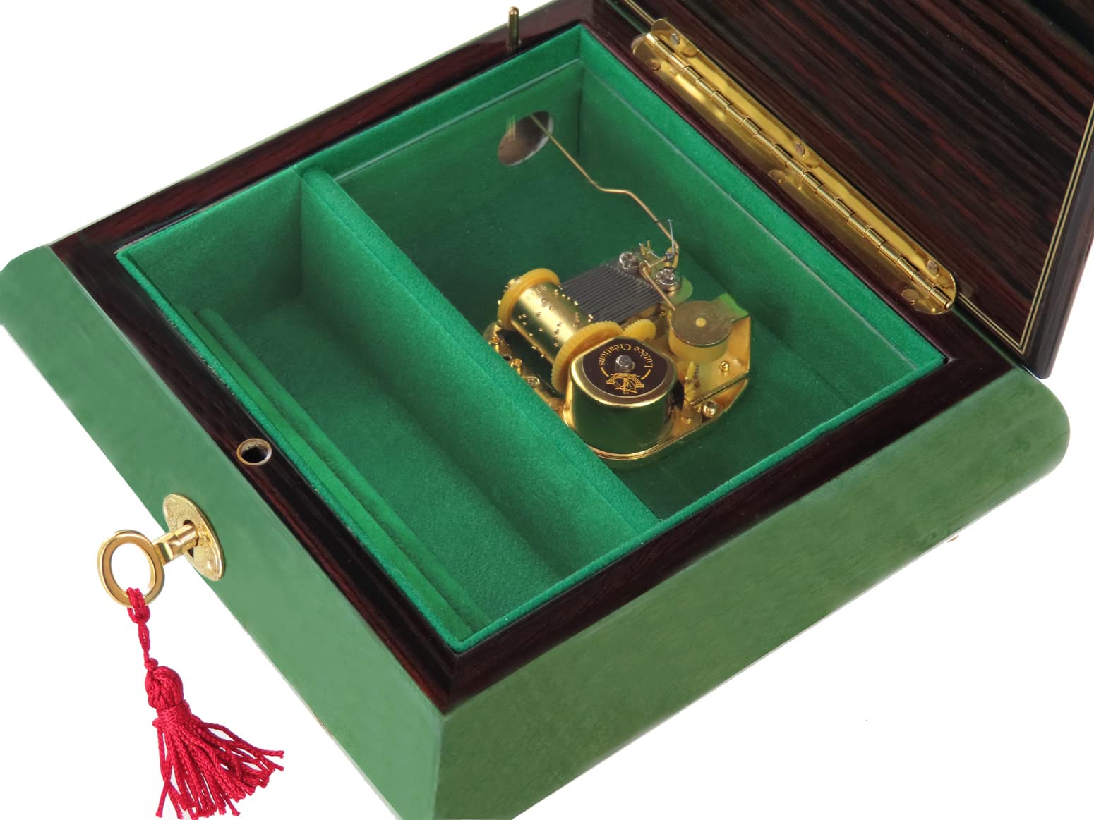 Caja de música para joyas / joyero musical de madera teñida verde claro con marquetería ángel y mecanismo musical de resorte de 18 notas - La vie en rose - La vida en rosa (Louiguy / Edith Piaf)