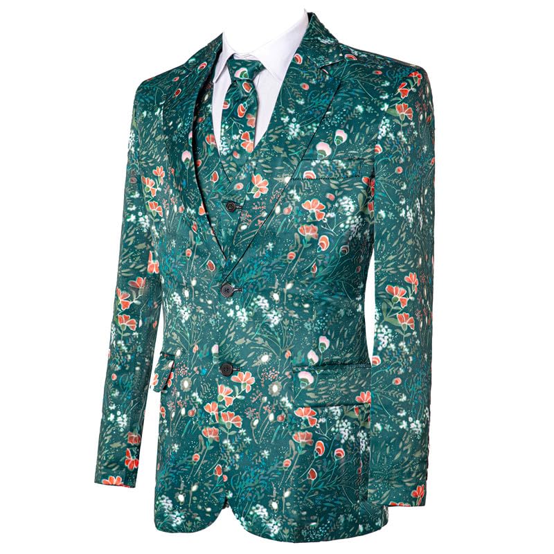 HBDesign Men's Flat Lapel Neckline Green Print 2 Button Suit 4 Piece4