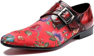 Mocassim masculino Sapato social cano baixo estampado com tira de monge pontiagudo Oxfords sem cadarço para mostrar couro genuíno (Color : Red, Size : G-39)