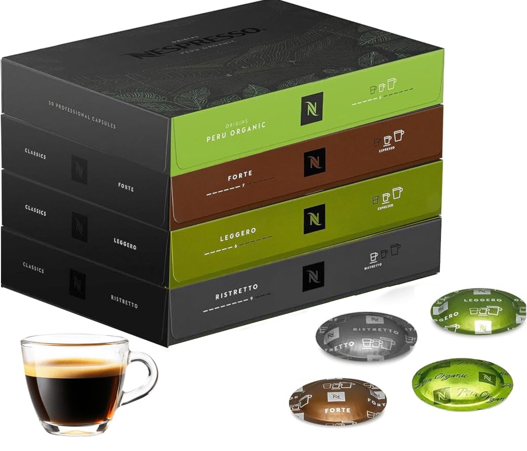 Nespresso Professional - Lote de 200 Cápsulas de Café - 50 Ristretto, 50 Leggero, 50 Forte, 50 Peru - Apto para profesionales