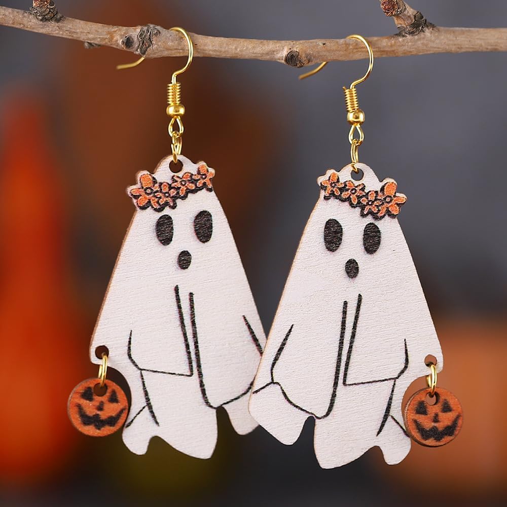 Halloween White Ghost Pumpkin Wreath Single-Sided Wooden Earrings Funny Spooky Seasonal Dangle Earrings for Women - Image 7