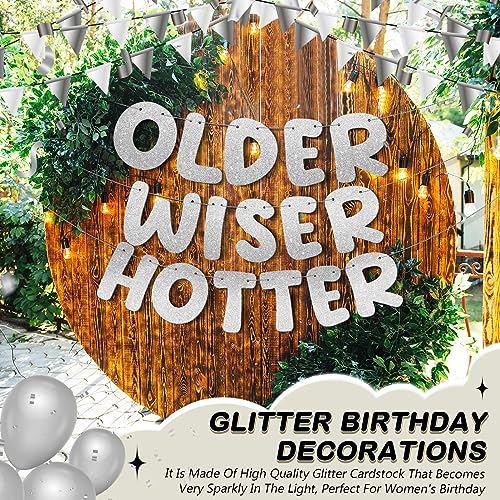 Image of Fulmoon Set of 3 Pre Strung Older Wiser Hotter Glitter Banner Funny Birthday Banner for Women 30th 40th 50th 60th 70th 80th Birthday Party Decorations Sign Gift(Silver)