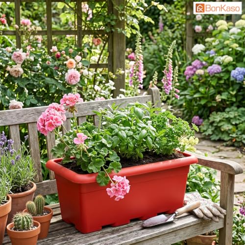 Image of Bonkaso 20 Inch Rectangular Planter, Set of 3 |UV Resistant Plastic Flower Pot for Balcony Railing, Window Sill & Terrace Garden | Rectangular Indoor & Outdoor Plant Pot, Terra Red