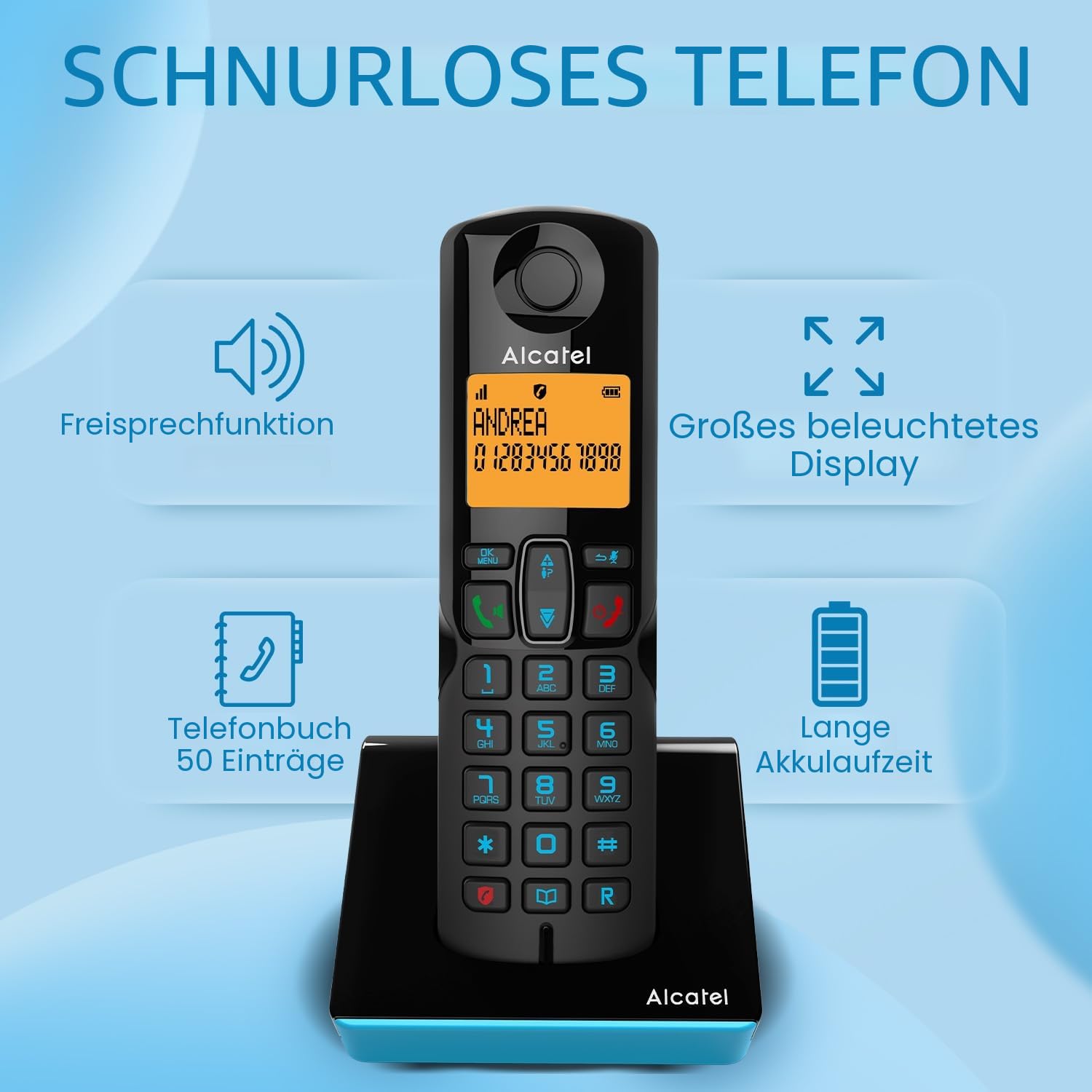 Alcatel S280 Schwarz und Blau, Freisprecheinrichtung, Anrufsperre, Telefonbuch mit 50 Namen und Nummern