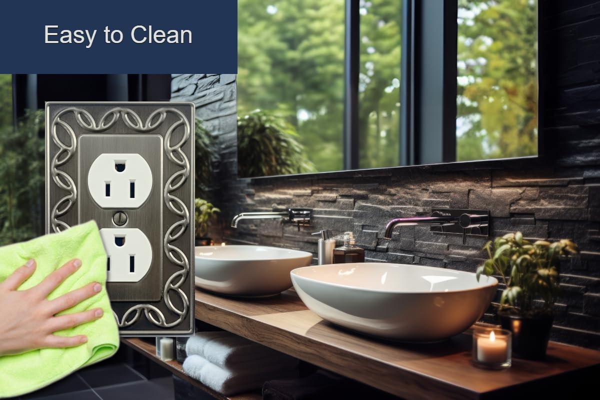 OKAWYC Single Duplex Outlet Cover Plate, 4-Pack Brushed Satin Pewter Antique Nickel NovaBloom Metal Wall Plate 1 Gang, Light Switch Cover, Receptacle Decorative Wallplate Durable