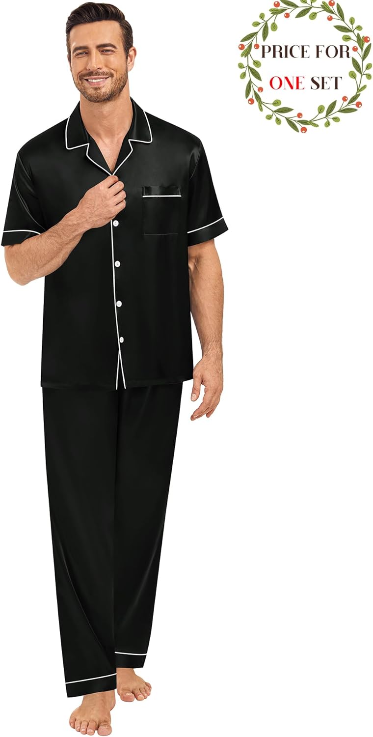 SWOMOG Matching Pajamas for Couples Satin Short Sleeve Sleepwear Women/Men Silk Soft Button Down Nightwear 2 Pcs Loungewear - Image 3