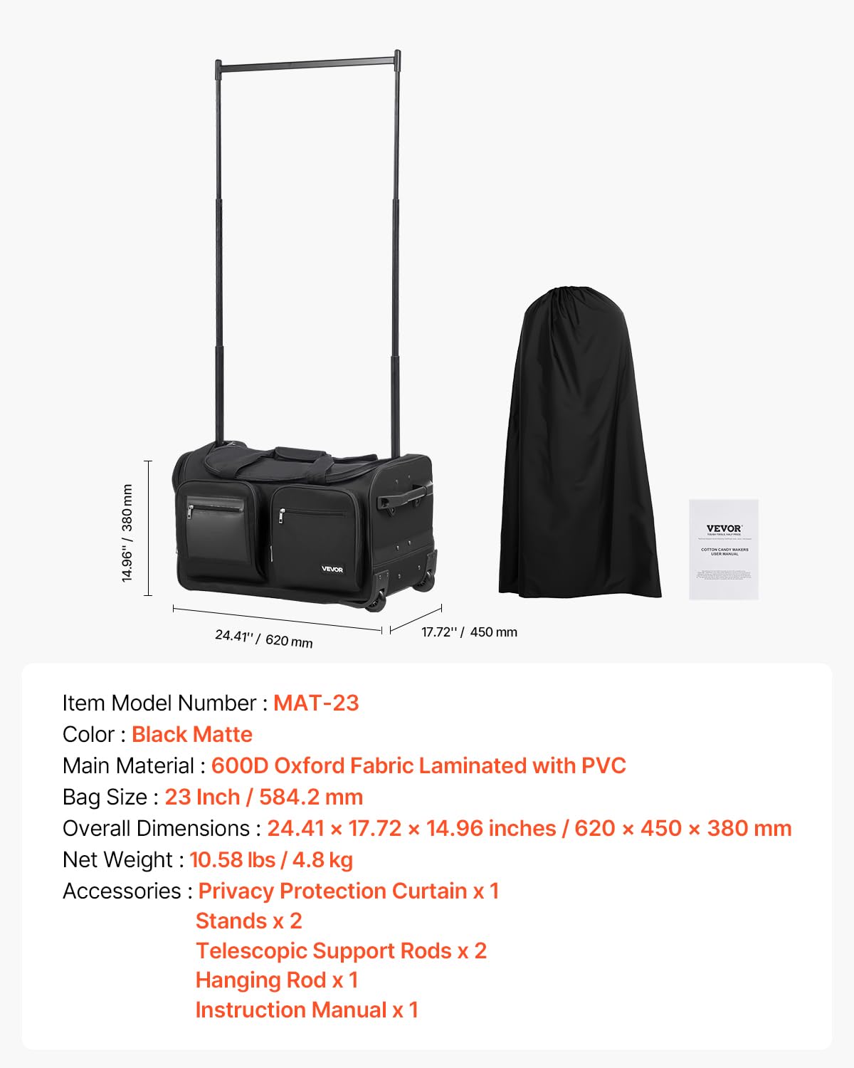 VEVOR Bolsa de Baile, con Perchero Ajustable en Altura, con Ruedas de 584,2 mm, Puerto USB, Cortina de Privacidad, para Viajes y Competiciones, Tejido Oxford 600D Laminado con PVC, Negro Mate