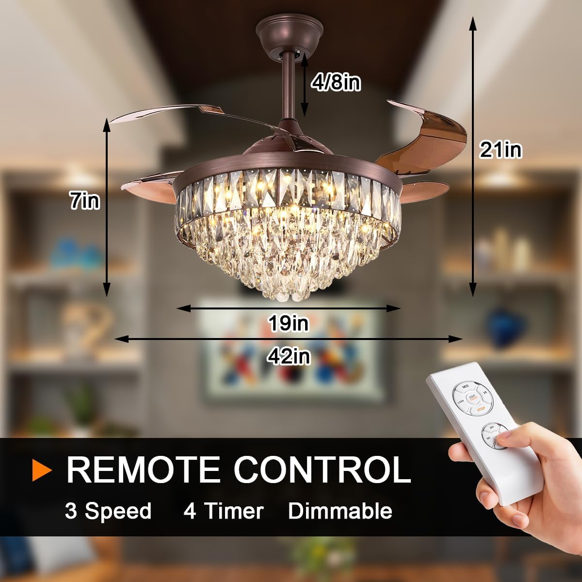 42" Retractable Fandelier Ceiling Fans with Lights Remote, Modern Crystal Chandelier Ceiling Fan LED Lighting Fixture Quiet Motor for Bedroom Dining Living Room, Brown