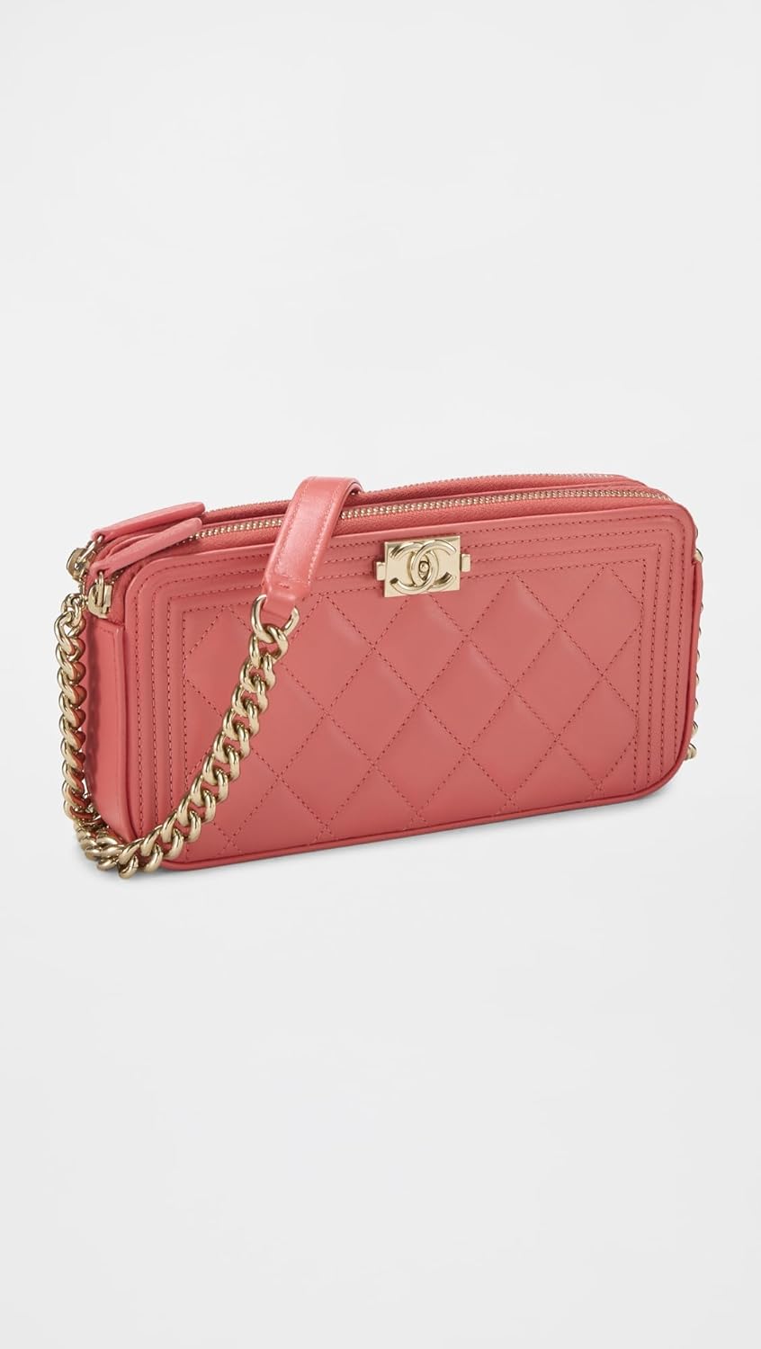 CHANEL Women's Pre-Loved Chanel Pink Lambskin Boy Double Zip Wallet On Chain, Pink, One Size - Image 4