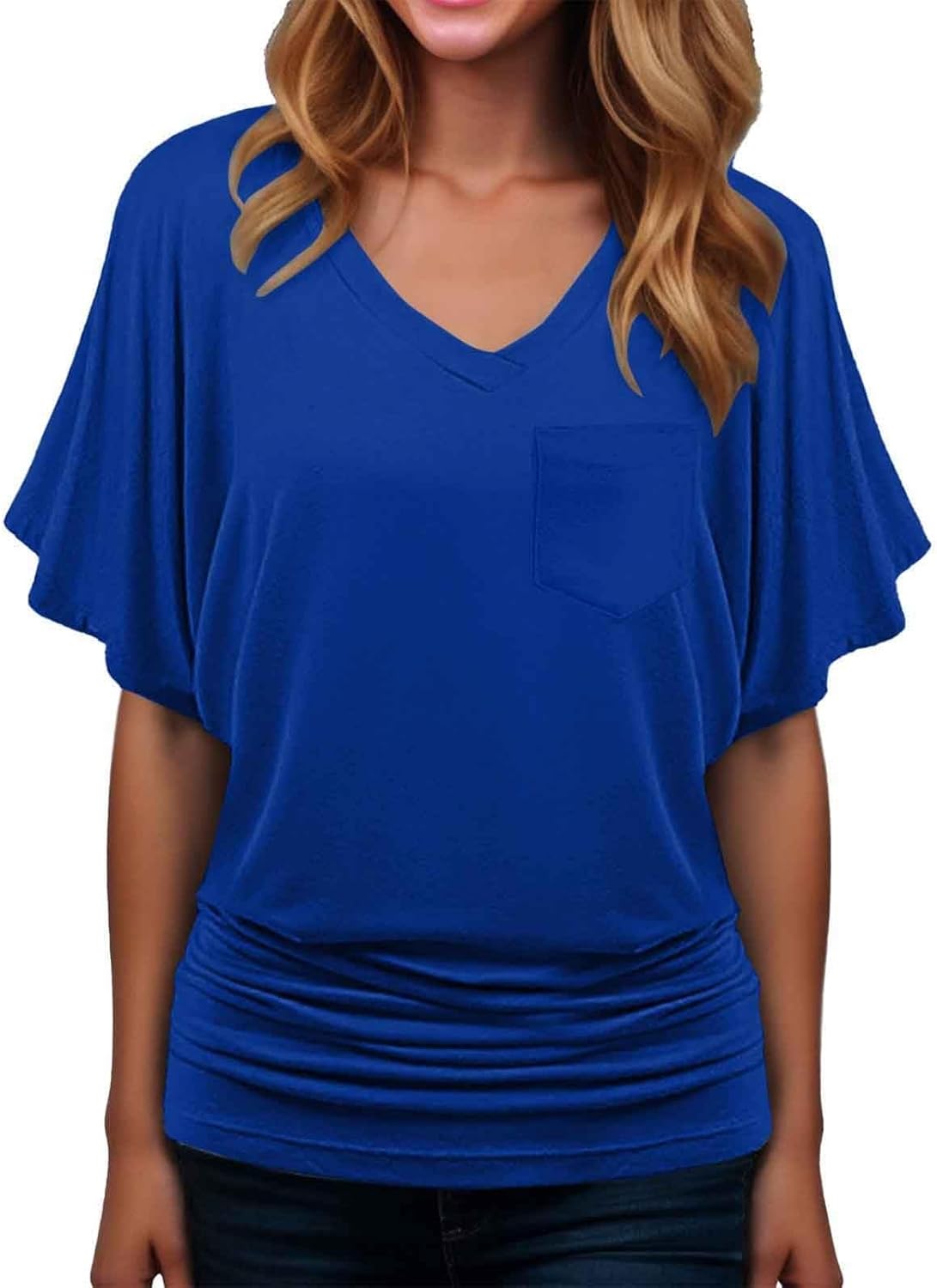 Oversized T-Shirt Damen - V-Ausschnitt Mit Fledermausärmeln & Rüschensaum