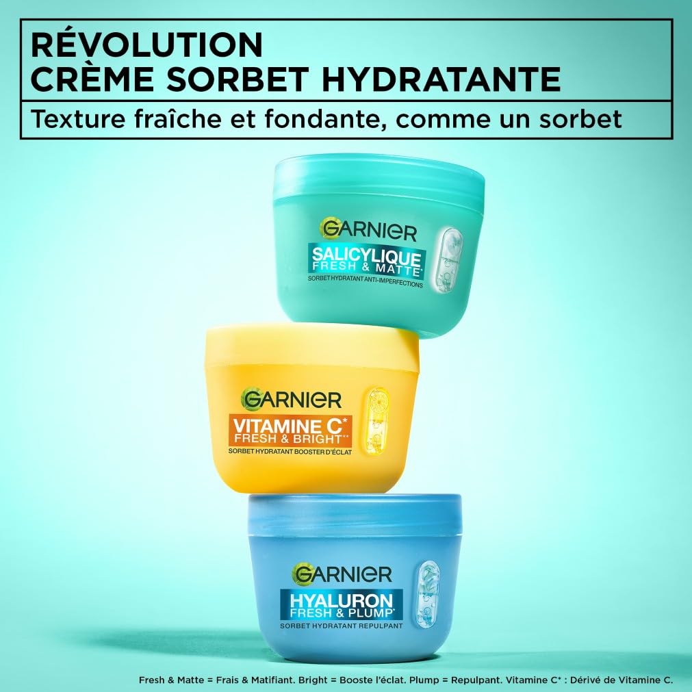 GARNIER - Salicylique - Crème Sorbet Hydratante Fresh & Matte - Crème Hydratante & Matifiante - Adoucit la Peau, Unifie le Teint, Réduit les Pores et l'Excès de Sébum - Tous Types de Peaux - 85 ml