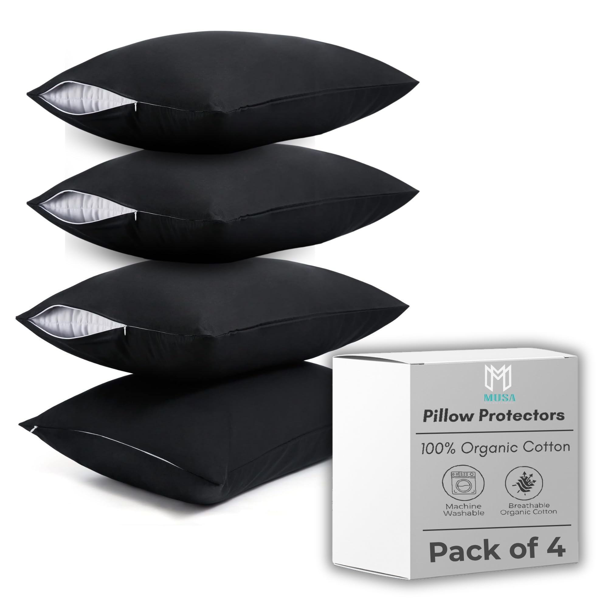 MUSA MUSA® Pillow Covers Pack of 4 for Bedrooms & Guest Rooms | Wrinkle Free Pillow Protectors with 300 Cotton TC & Zipper Closure - Dust Mite & Bed Bug Proof Pillowcases Standard (Black, 50 x 80cm)