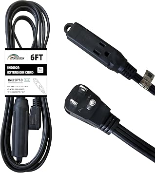 6 Ft Black Flat Plug Extension Cord with 3 Outlets Indoor Power Strip