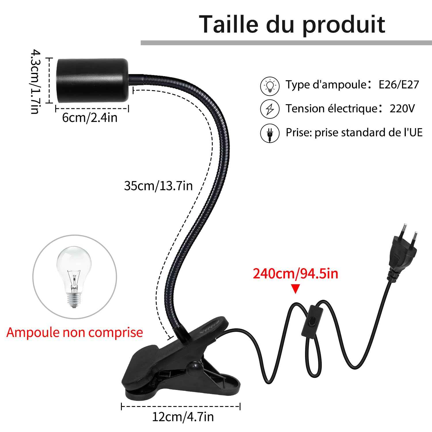Lampe à Pince E27, 240CM Cable, 35CM Longueur 360°Flexible Col de Cygne, Douille E27, Lampes de Chevet avec Interrupteur