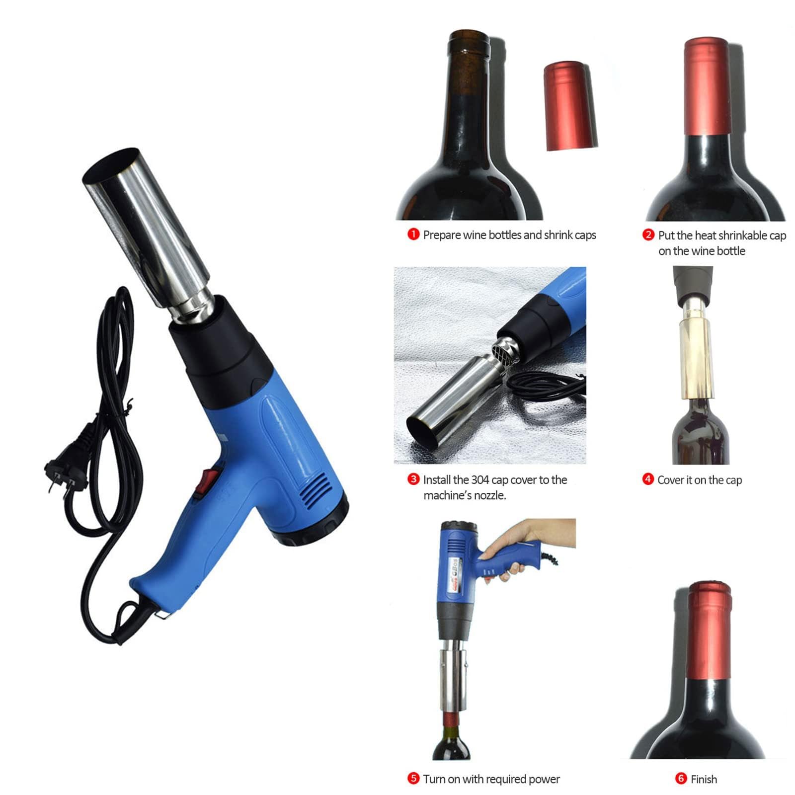Pistolet thermorétractable for capsules de vin en PVC, 1600 W, 50 mm, machine à sceller les enveloppes de bouteilles de vin, écran LCD et contrôle de température 40-600 ℃, deux vitesses, for emballage