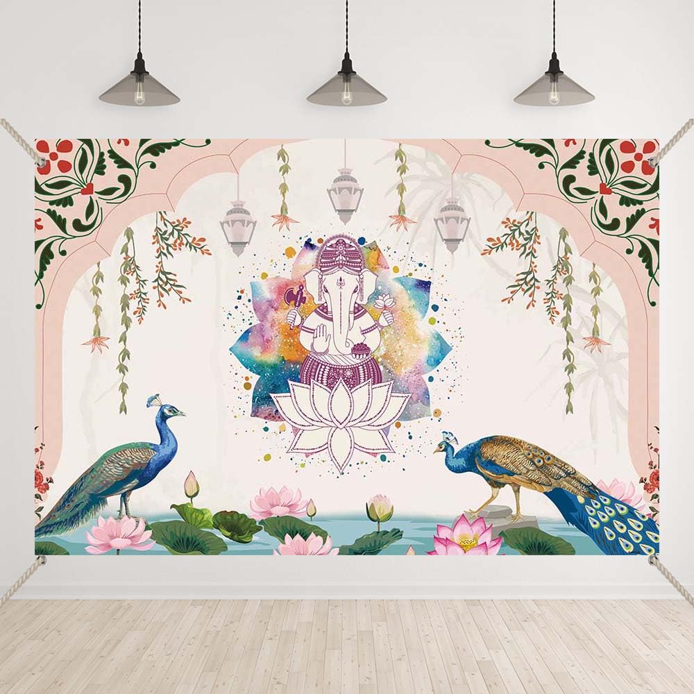 Bellicremas India Traditional Photography Backdrop Peacock Lotus Watercolor Rainbow Ganesha Pink Background for Wedding Diwali Haldi Mehendi Puja
