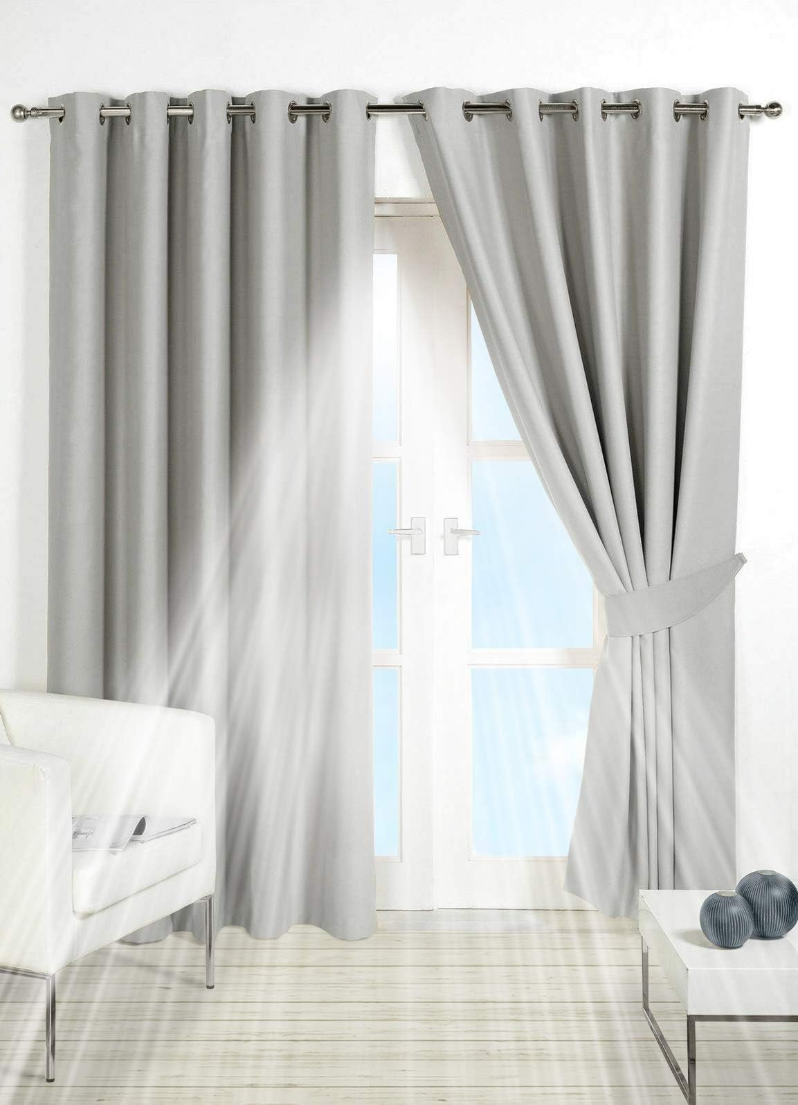 PAIR of BLACKOUT CURTAINS Super Soft Solid Thermal INSULATED EYELET Ring Top Curtains BLACKOUT Window CURTAINS for Living Room Bedroom Including Two Matching Tie Backs (SILVER Grey, 66" x 108")
