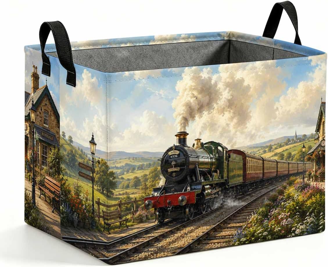 56L Storage Basket Vintage Steam Train Laundry Hamper Collapsible Handles